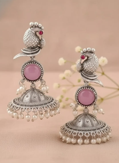 Oxidized Silver Peacock Jhumka Earrings with Pink Stone and Pearls