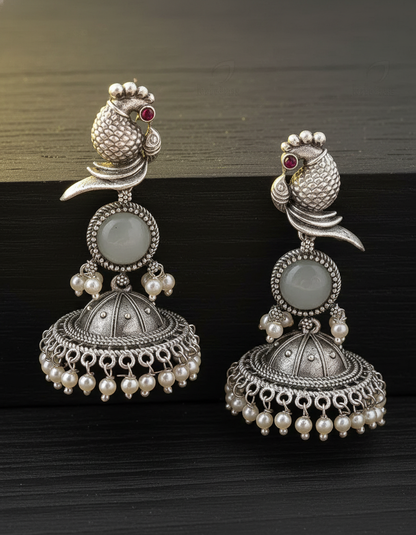 Exquisite Oxidized Silver Peacock Jhumka Earrings with Pearl Drops