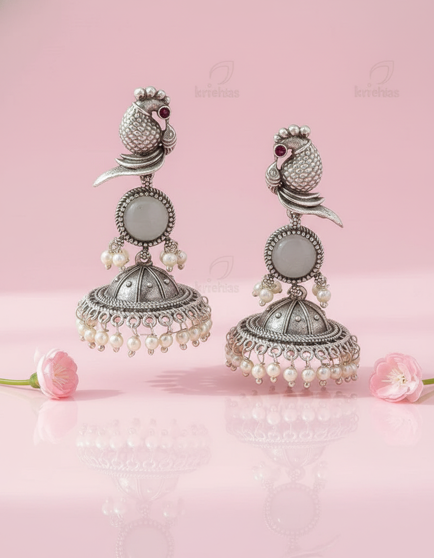 Exquisite Oxidized Silver Peacock Jhumka Earrings with Pearl Drops