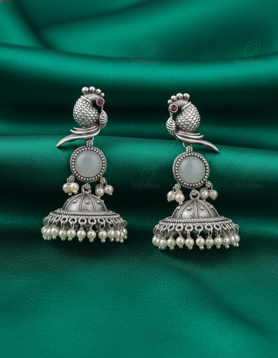 Exquisite Oxidized Silver Peacock Jhumka Earrings with Pearl Drops