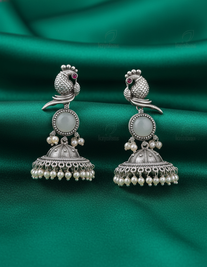 Exquisite Oxidized Silver Peacock Jhumka Earrings with Pearl Drops