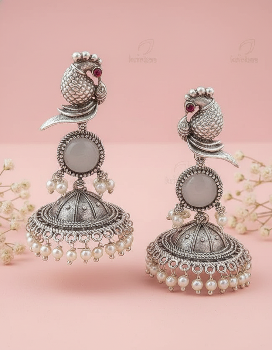 Exquisite Oxidized Silver Peacock Jhumka Earrings with Pearl Drops
