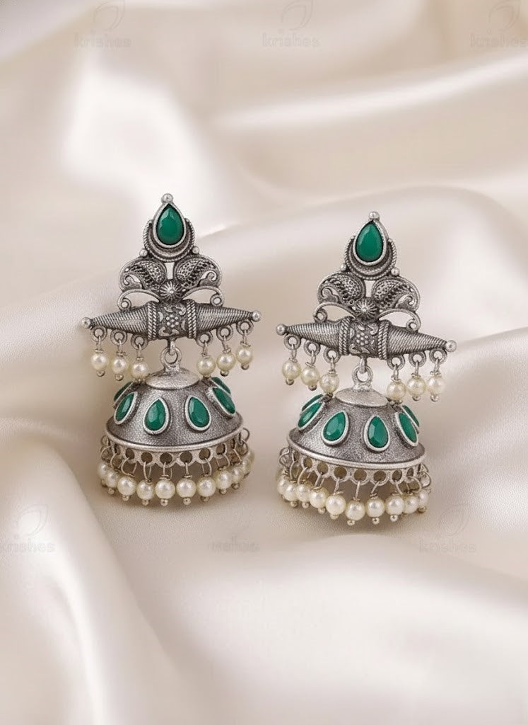 Exquisite Oxidized Silver Jhumka Earrings with Green Stones & Pearl Drops