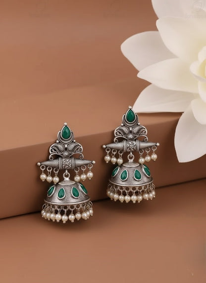 Exquisite Oxidized Silver Jhumka Earrings with Green Stones & Pearl Drops