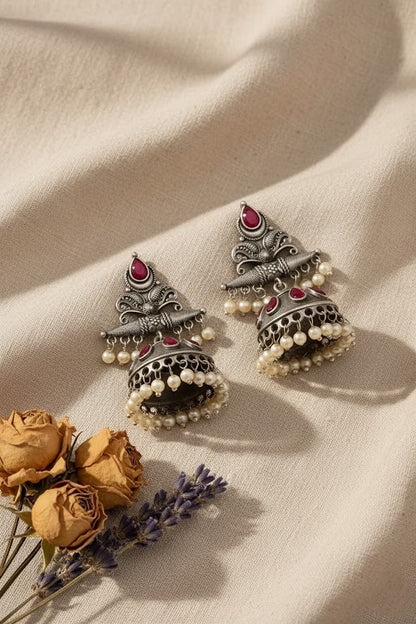 Exquisite Oxidized Silver Jhumka Earrings with Ruby Red Stones & Pearls