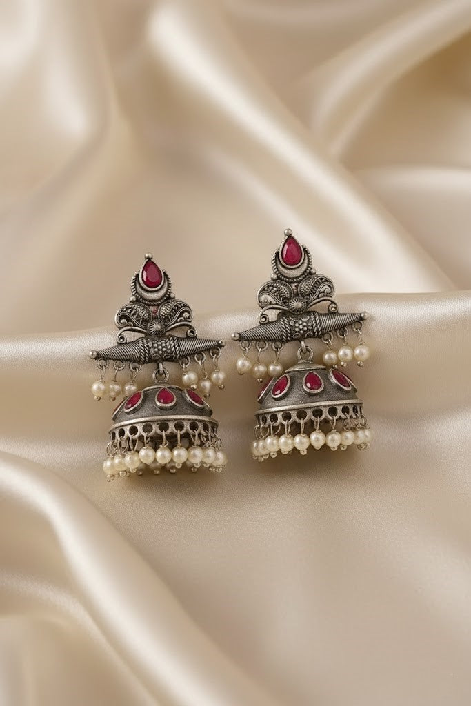 Exquisite Oxidized Silver Jhumka Earrings with Ruby Red Stones & Pearls
