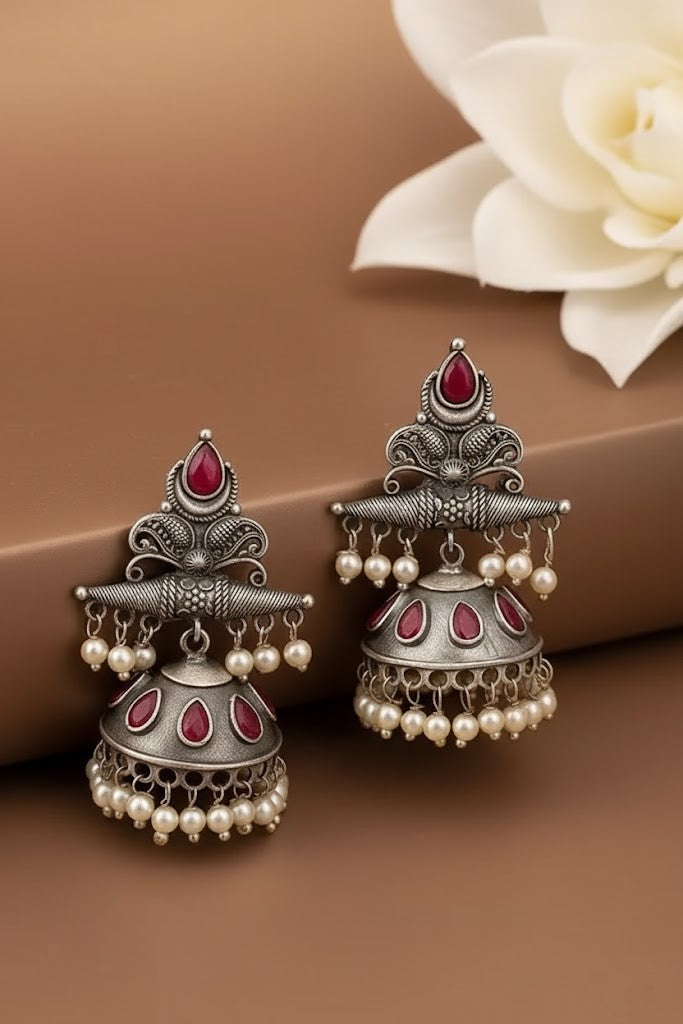 Exquisite Oxidized Silver Jhumka Earrings with Ruby Red Stones & Pearls