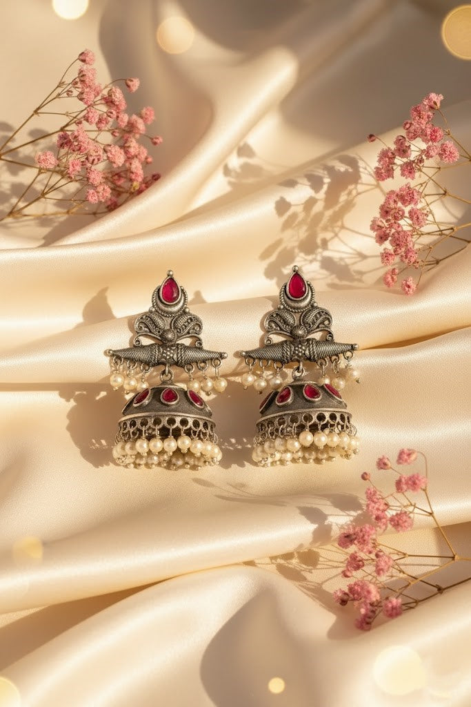 Exquisite Oxidized Silver Jhumka Earrings with Ruby Red Stones & Pearls