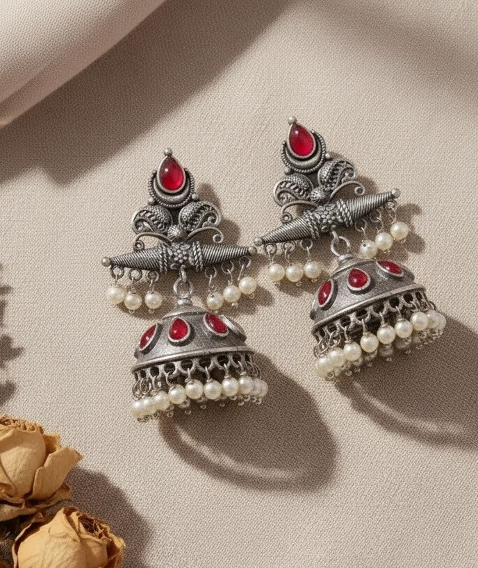 Exquisite Oxidized Silver Jhumkas with Red Stones & Pearl Drops