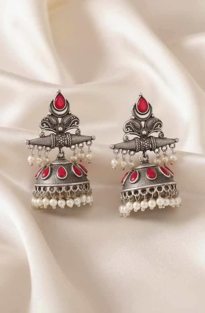 Exquisite Oxidized Silver Jhumkas with Red Stones & Pearl Drops