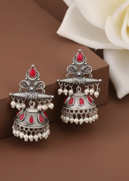 Exquisite Oxidized Silver Jhumkas with Red Stones & Pearl Drops