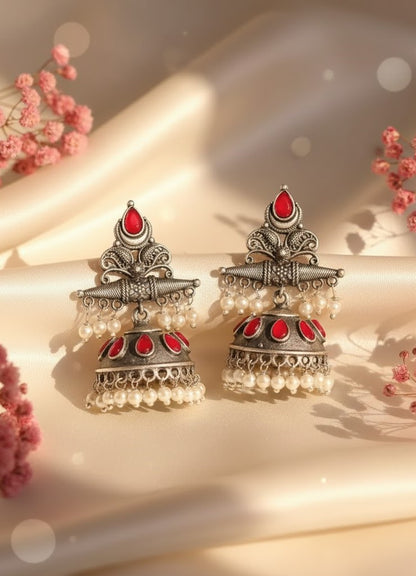 Exquisite Oxidized Silver Jhumkas with Red Stones & Pearl Drops