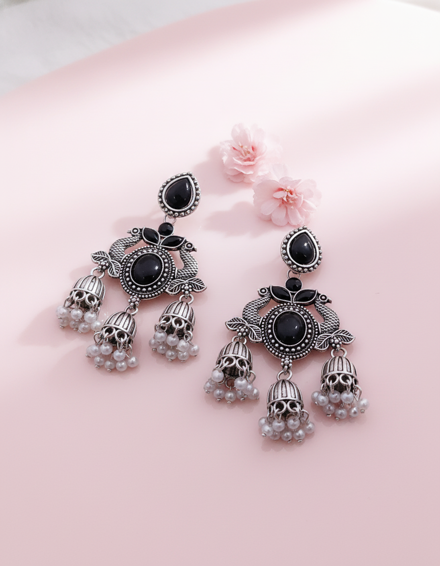 Exquisite Oxidised Silver Peacock Jhumka Earrings with Black Onyx & Pearl Drops