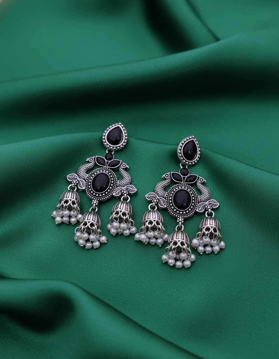 Exquisite Oxidised Silver Peacock Jhumka Earrings with Black Onyx & Pearl Drops