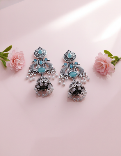 Exquisite Oxidized Silver Peacock Jhumka Earrings with Teal Stones