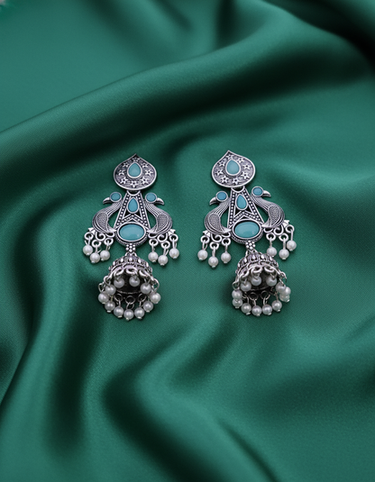 Exquisite Oxidized Silver Peacock Jhumka Earrings with Teal Stones