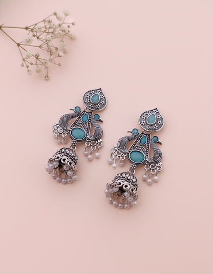 Exquisite Oxidized Silver Peacock Jhumka Earrings with Teal Stones