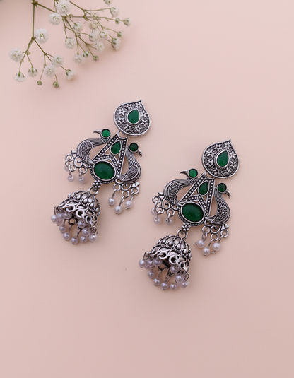 Exquisite Oxidized Silver Peacock Jhumkas with Emerald Green Stones