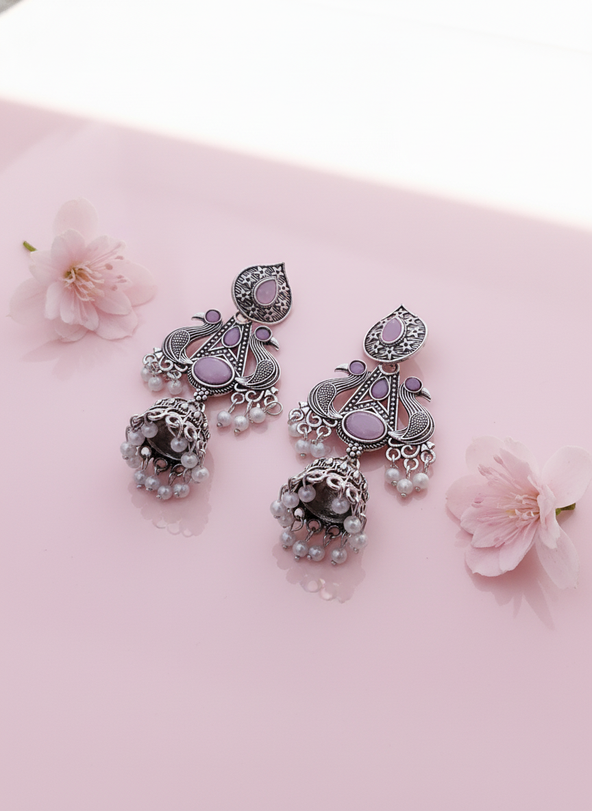 Exquisite Oxidized Silver Peacock Jhumka Earrings with Lavender Stones