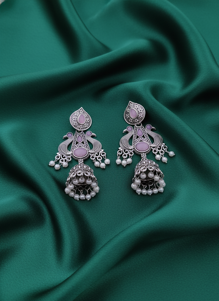 Exquisite Oxidized Silver Peacock Jhumka Earrings with Lavender Stones