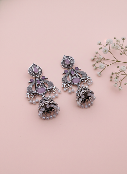 Exquisite Oxidized Silver Peacock Jhumka Earrings with Lavender Stones