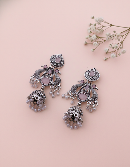 Stunning Oxidized Silver Peacock Jhumka Earrings with Pink Accent Stones