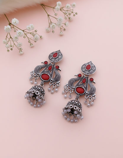 Exquisite Oxidized Silver Peacock Jhumka Earrings with Red Stones