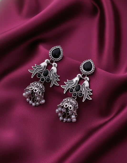 Exquisite Oxidized Silver Bird Jhumka Earrings with Black Stones