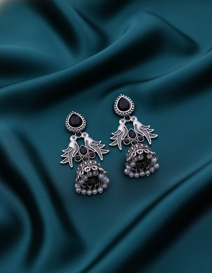 Exquisite Oxidized Silver Bird Jhumka Earrings with Black Stones
