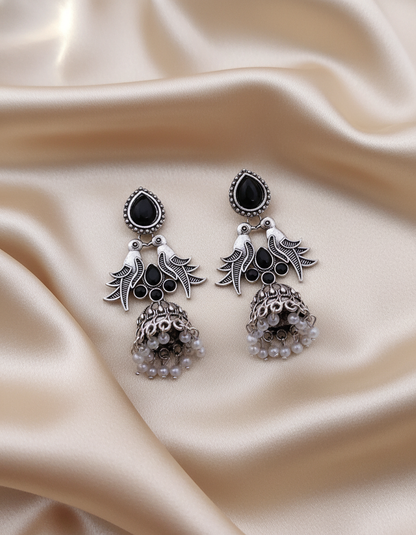 Exquisite Oxidized Silver Bird Jhumka Earrings with Black Stones