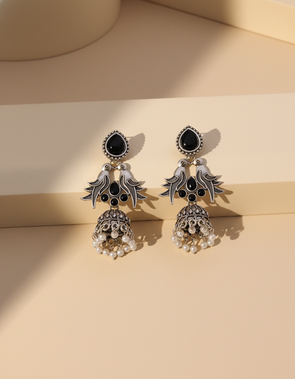 Exquisite Oxidized Silver Bird Jhumka Earrings with Black Stones