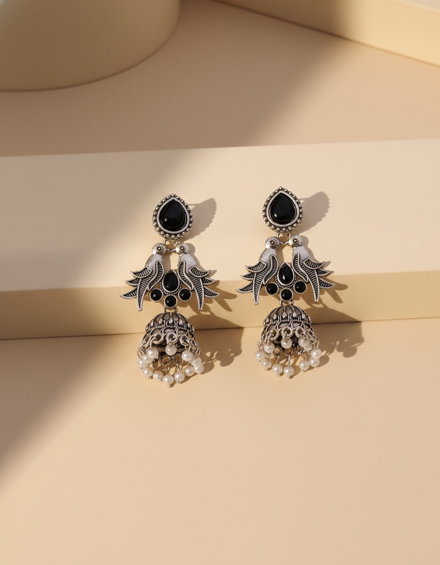 Oxidized Silver Jhumka Earrings with Bird Motif, Stone & Pearl Drops