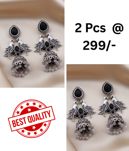Elegant Oxidized Silver Bird & Jhumka Earrings with Black Stones