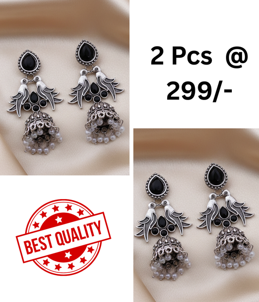 Elegant Oxidized Silver Bird & Jhumka Earrings with Black Stones