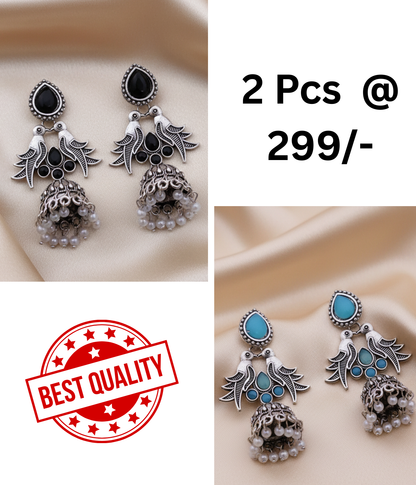 Elegant Oxidized Silver Bird & Jhumka Earrings with Black Stones