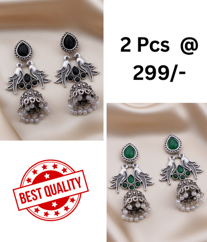 Elegant Oxidized Silver Bird & Jhumka Earrings with Black Stones