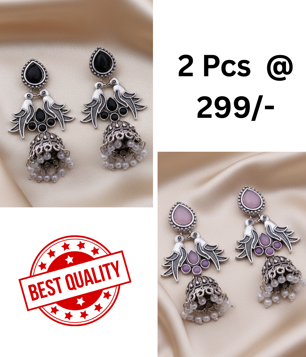 Elegant Oxidized Silver Bird & Jhumka Earrings with Black Stones