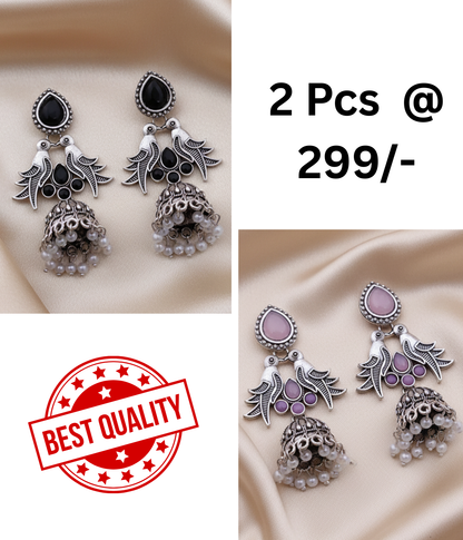 Elegant Oxidized Silver Bird & Jhumka Earrings with Black Stones
