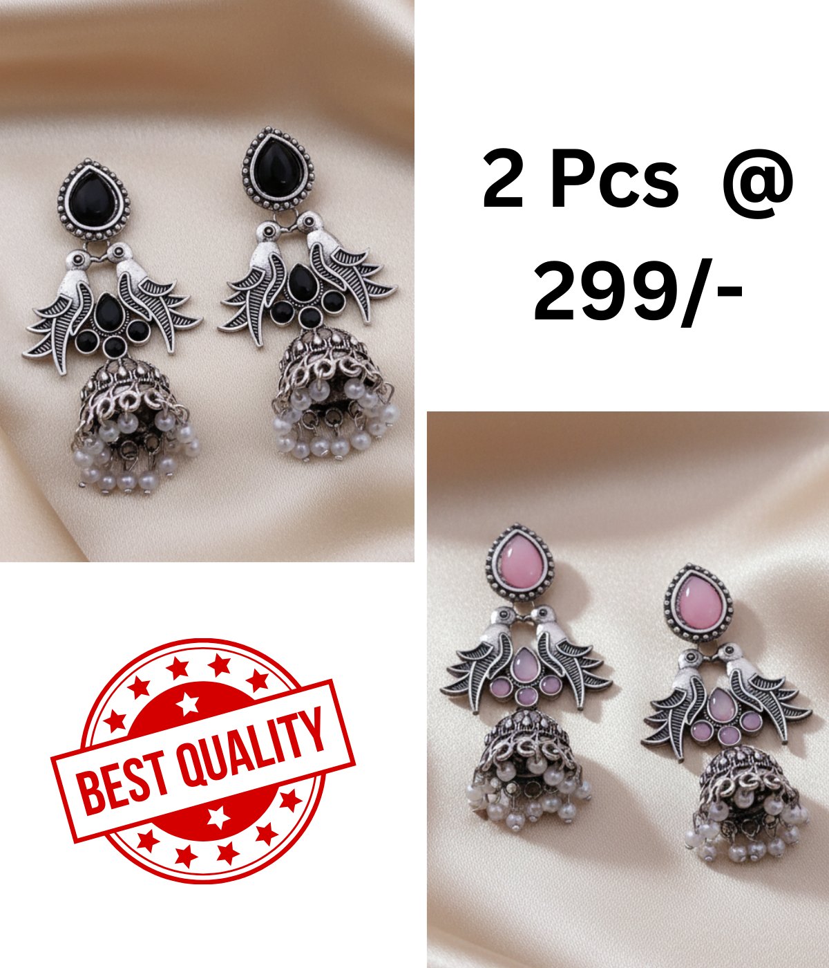 Elegant Oxidized Silver Bird & Jhumka Earrings with Black Stones