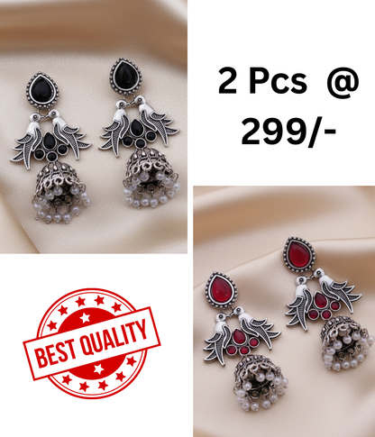 Elegant Oxidized Silver Bird & Jhumka Earrings with Black Stones
