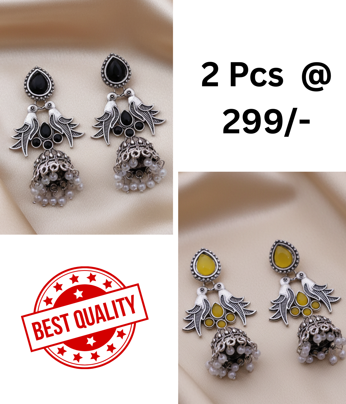 Elegant Oxidized Silver Bird & Jhumka Earrings with Black Stones
