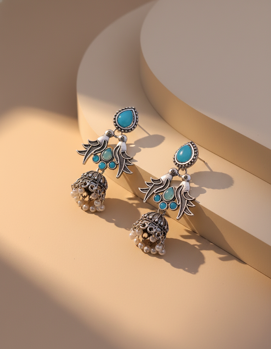 Exquisite Oxidised Silver Jhumka Earrings with Turquoise Details