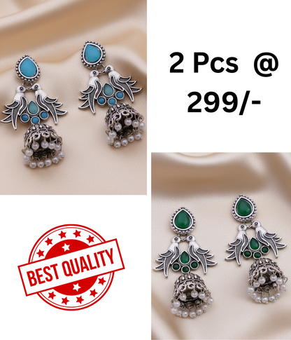 Exquisite Oxidised Silver Jhumka Earrings with Turquoise Details