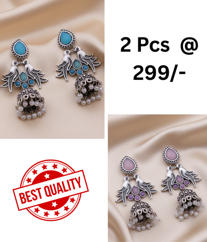 Exquisite Oxidised Silver Jhumka Earrings with Turquoise Details