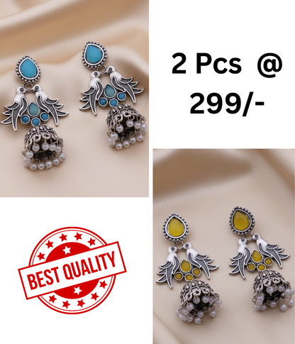 Exquisite Oxidised Silver Jhumka Earrings with Turquoise Details