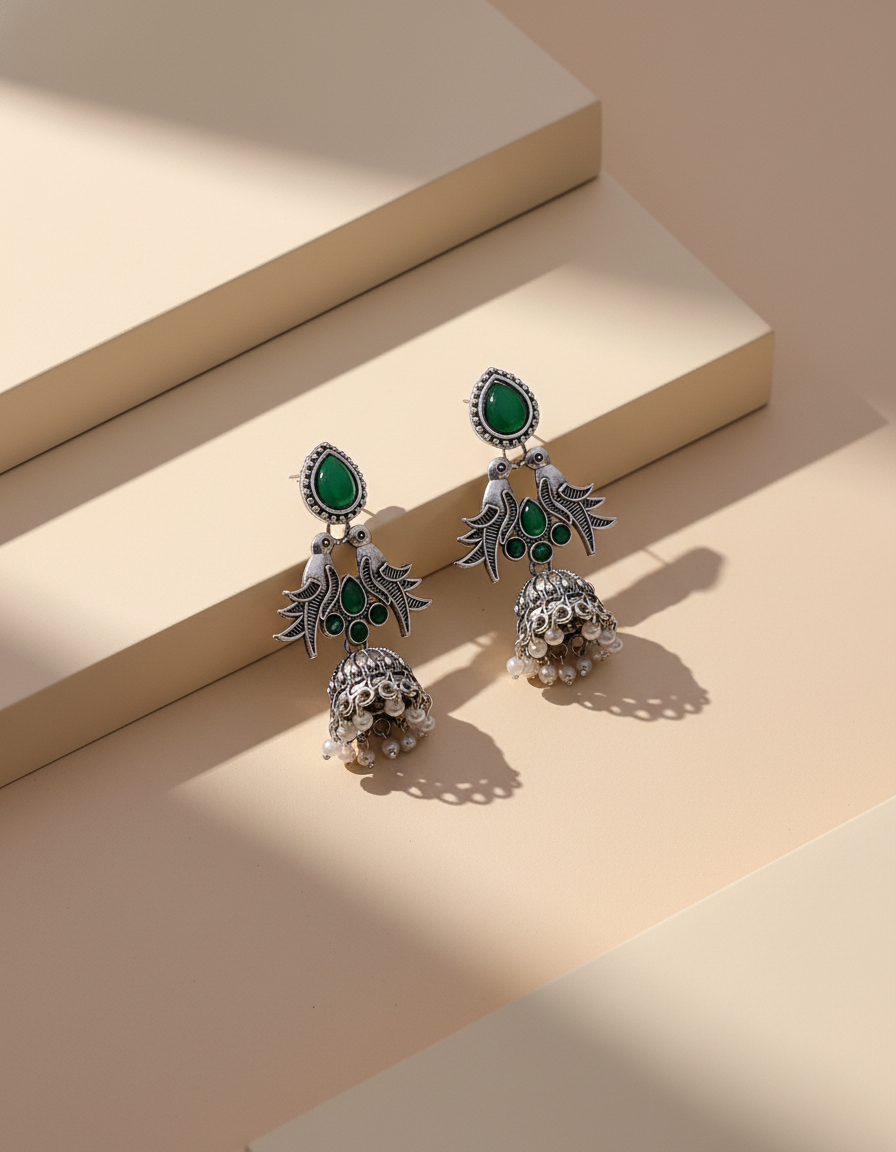 Elegant Oxidized Silver Bird & Jhumka Earrings with Black Stones