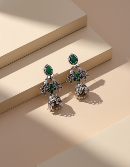 Exquisite Oxidised Silver Jhumka Earrings with Turquoise Details