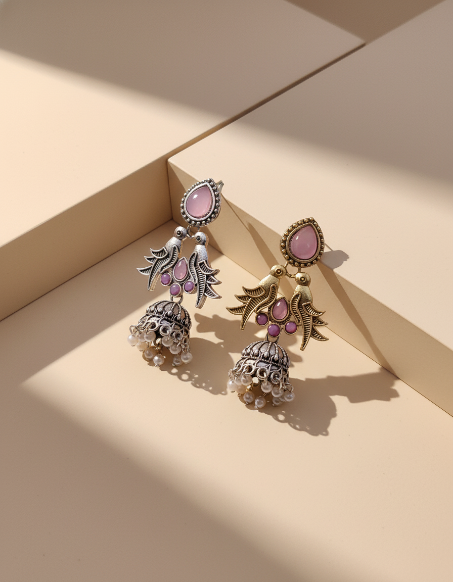 Exquisite Oxidised Silver Jhumka Earrings with Turquoise Details