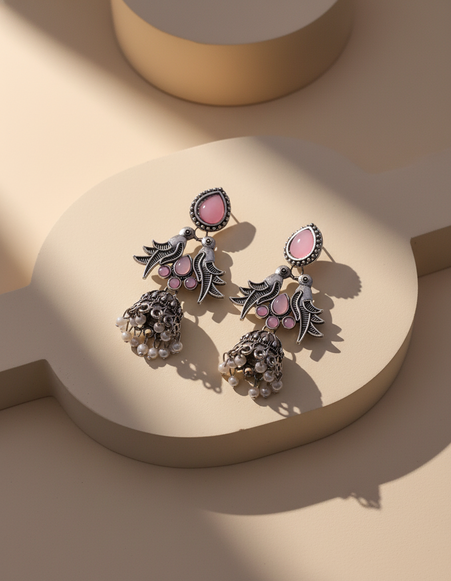 Elegant Oxidized Silver Bird & Jhumka Earrings with Black Stones