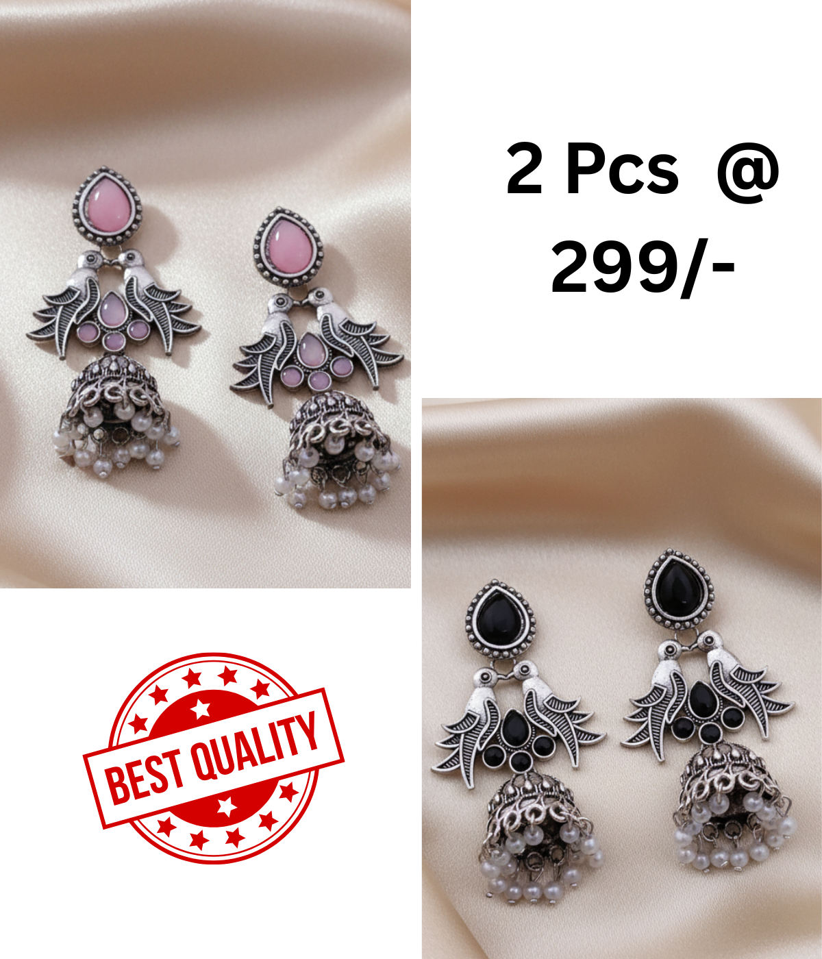 Oxidized Silver Jhumka Earrings with Bird Motif, Stone & Pearl Drops